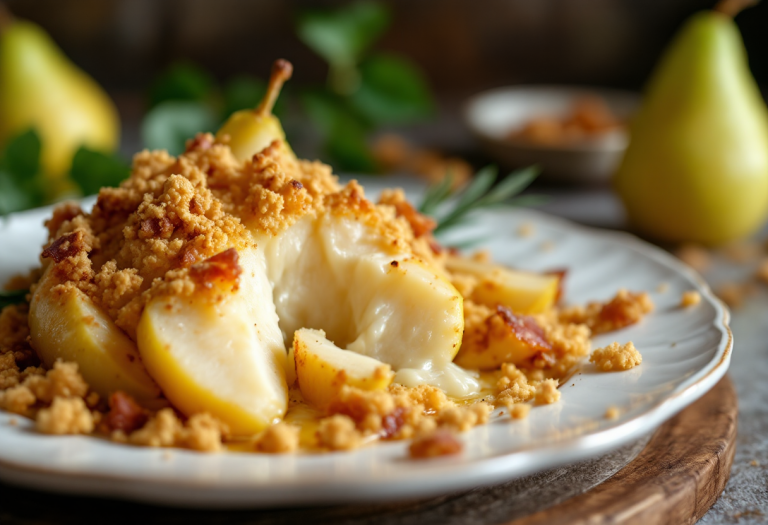 Crumble di pere con fontina e speck su un piatto