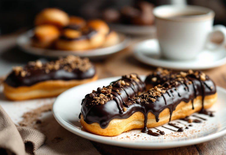 Eclair al cioccolato e caffè su un piatto elegante