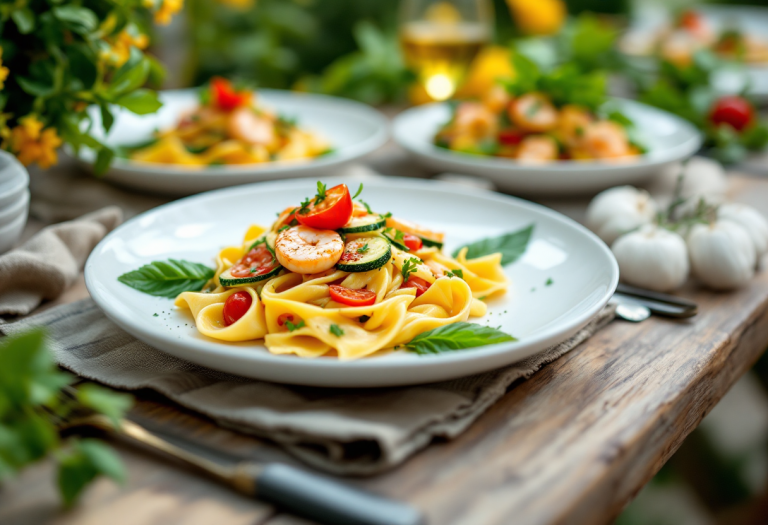 Piatto di farfalle con zucchine e gamberetti freschi