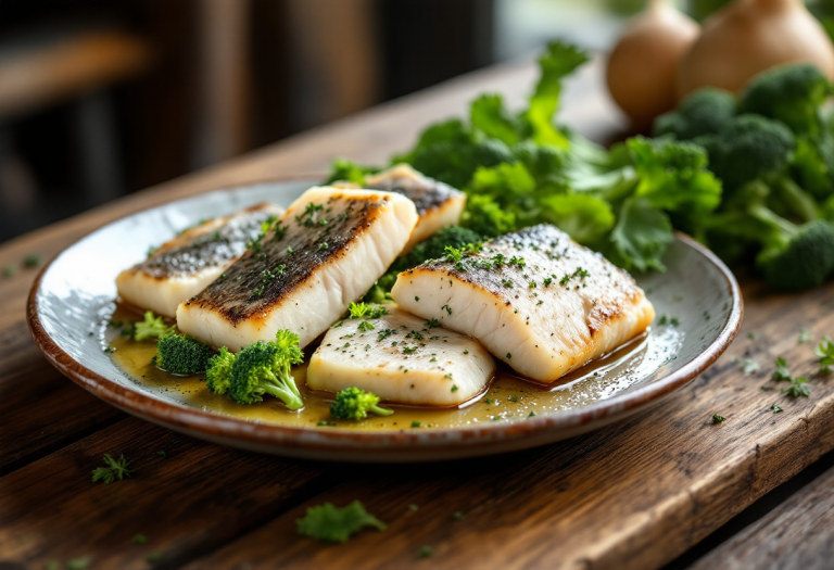 Filetti di rombo serviti con broccoli e cime di rapa freschi