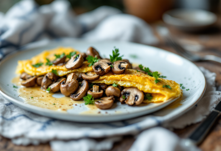 Frittata di funghi fresca e colorata su un piatto
