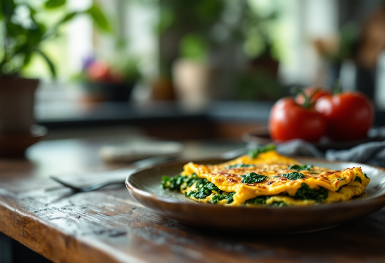 Frittata di spinaci servita su un piatto bianco