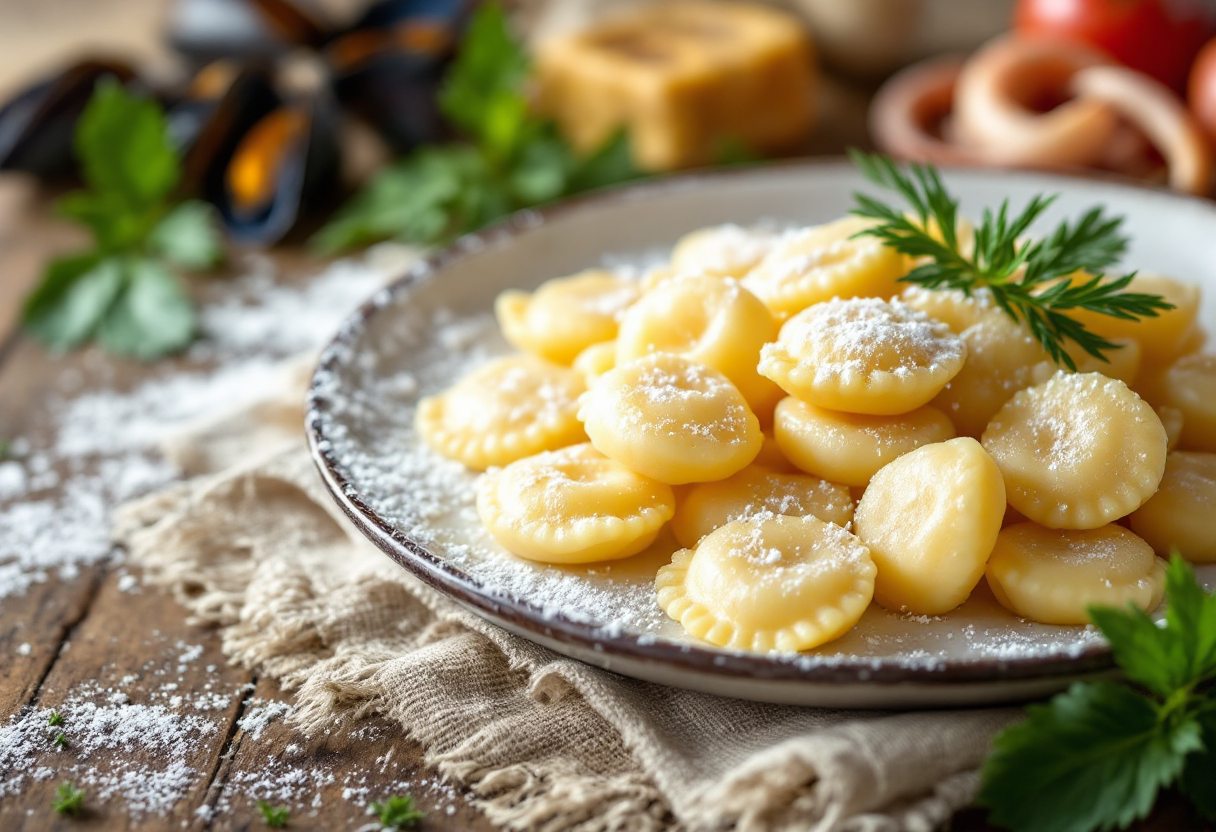 Piatto di gnocchi di patate con frutti di mare freschi