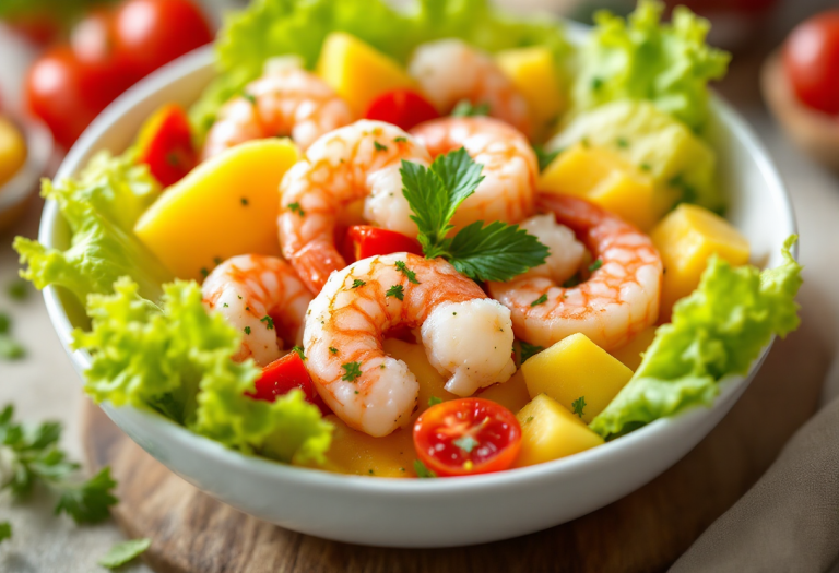 Insalata estiva con gamberi e frutta colorata
