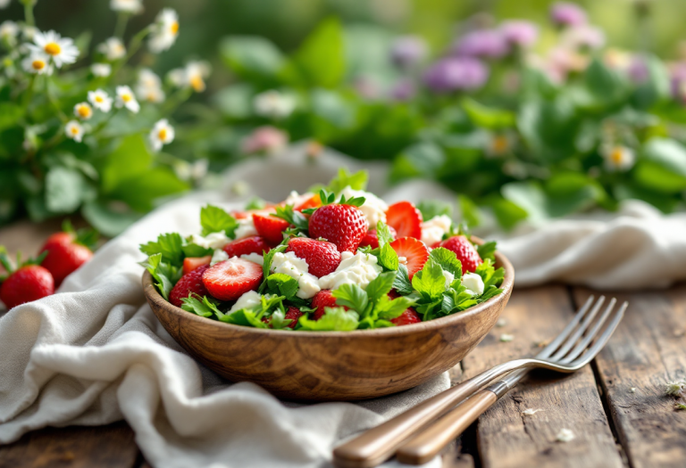 Insalata fresca con fragole marinate e ricotta di capra
