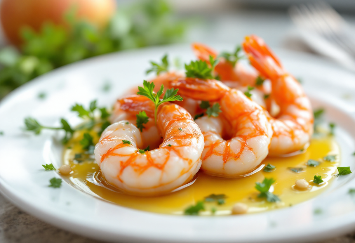 Antipasto di mazzancolle marinate con spinacino fresco