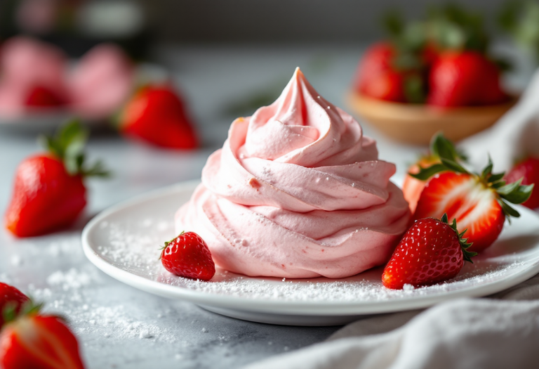 Meringata alle fragole decorata con panna e fragole fresche