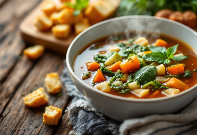 Minestrone di verdure con pesto e crostini croccanti