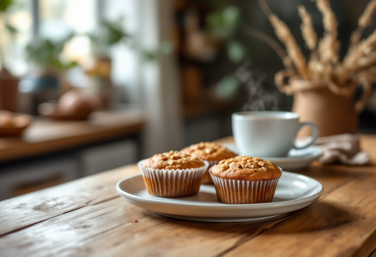 Muffin al farro e caffè su un piatto decorativo
