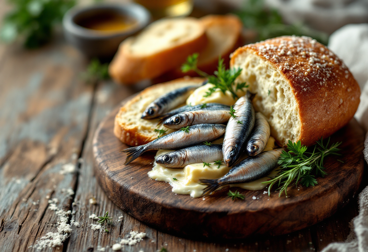 Piatto gourmet di pane, burro e alici con erbette aromatiche