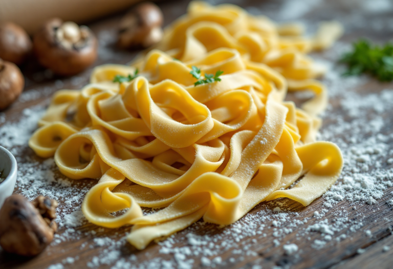 Pappardelle con funghi freschi in un piatto rustico