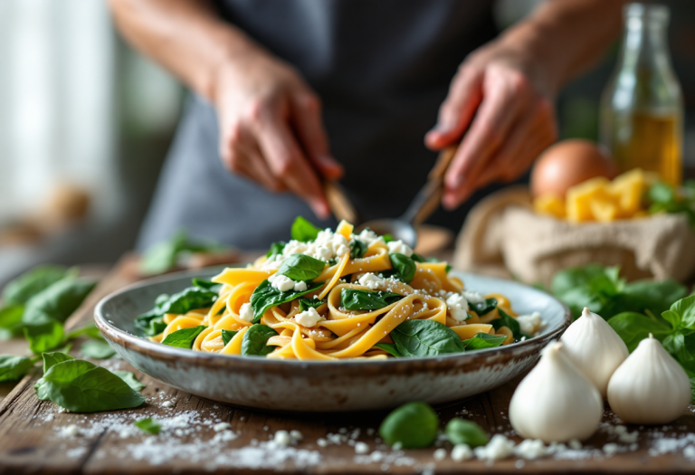 Pasta con spinaci e ricotta servita in un piatto