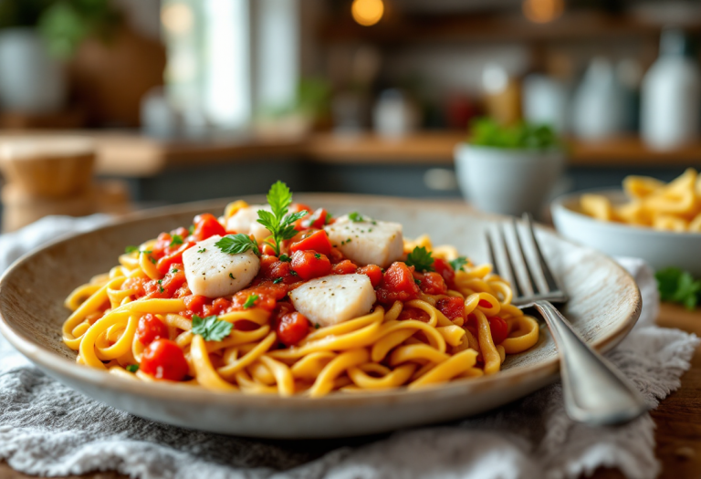 Penne rigate con pomodoro e pesce fresco in un piatto