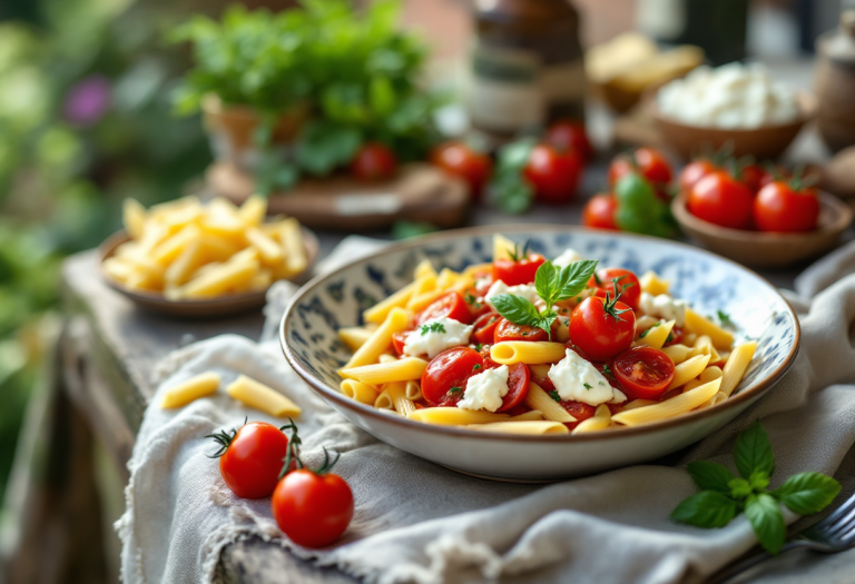Piatto di pennette con pomodori freschi e ricotta