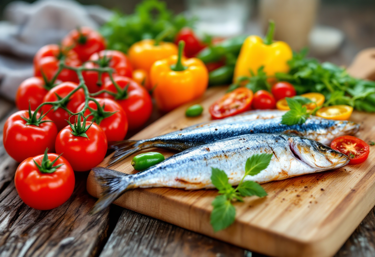 Piatto di peperonata con sgombri croccanti