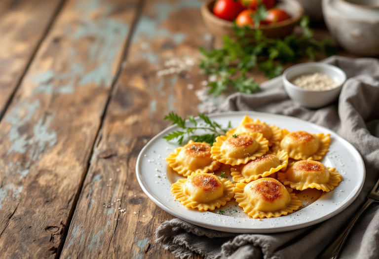 Ravioli fritti di pollo serviti con chutney di mele