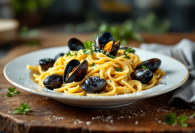 Piatto di reginelle con cozze e crema di cannellini