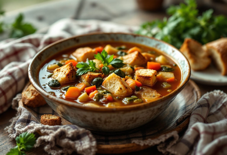 Piatto di ribollita toscana con verdure e pane