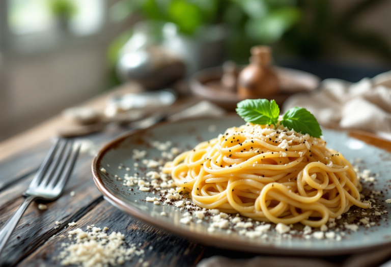 Piatto di pasta alla carbonara con guanciale e pecorino