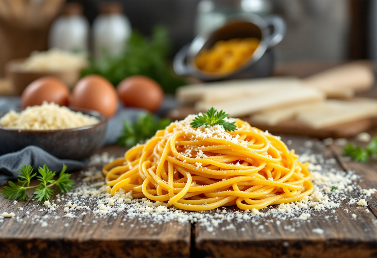 Piatto di spaghetti alla carbonara leggeri con ingredienti freschi