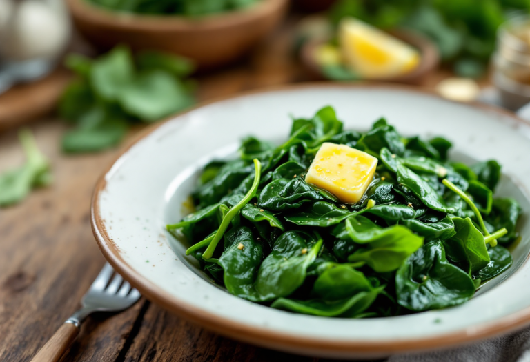 Spinaci al burro serviti in un piatto elegante