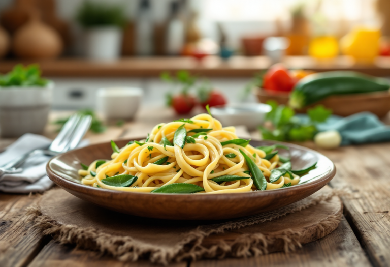 Tagliolini al tuorlo con fave, porri e zucchine fresche