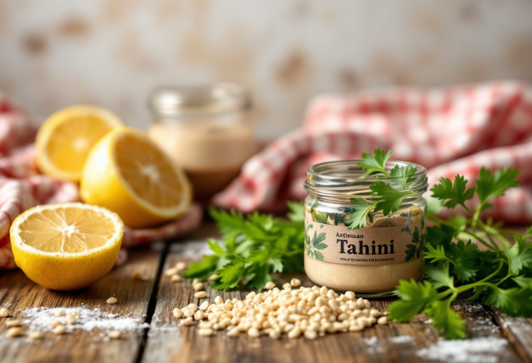 Barattolo di tahina con semi di sesamo e piatti mediorientali