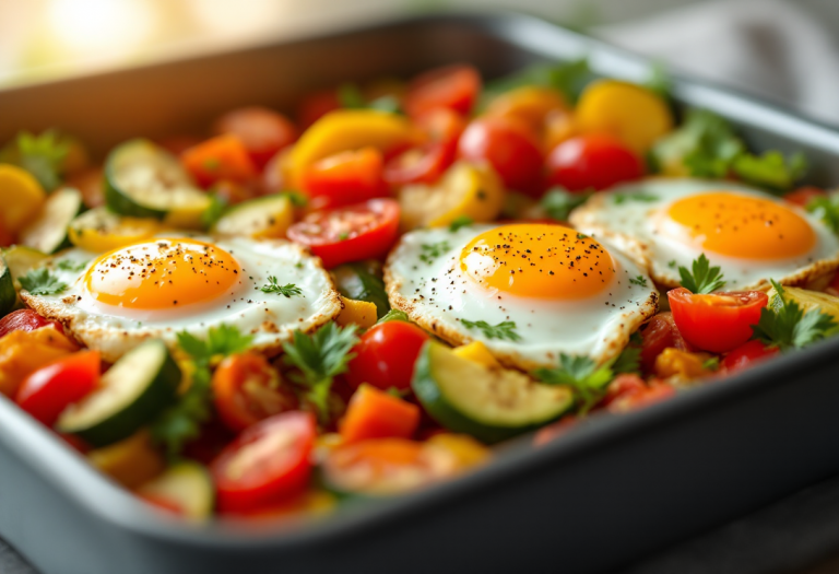 Teglia di verdure fresche con uovo cotto al centro