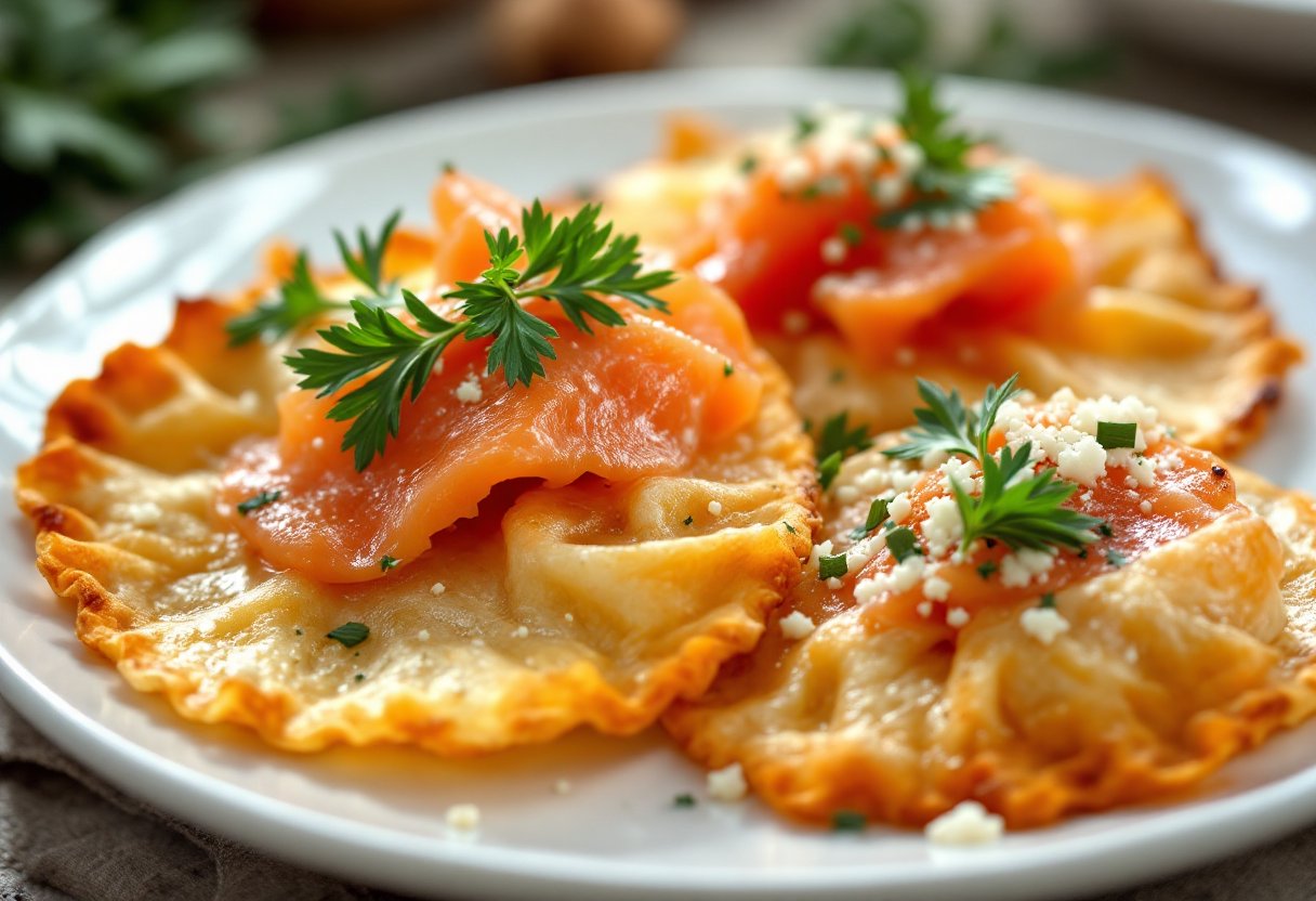 Tigelle gourmet servite con salmone e agretti freschi