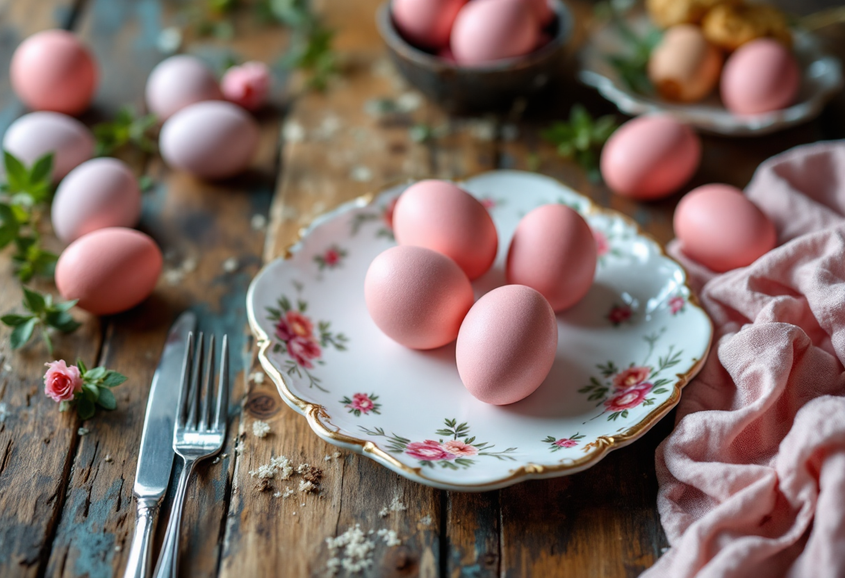 Uova sode rosa decorate per un antipasto pasquale