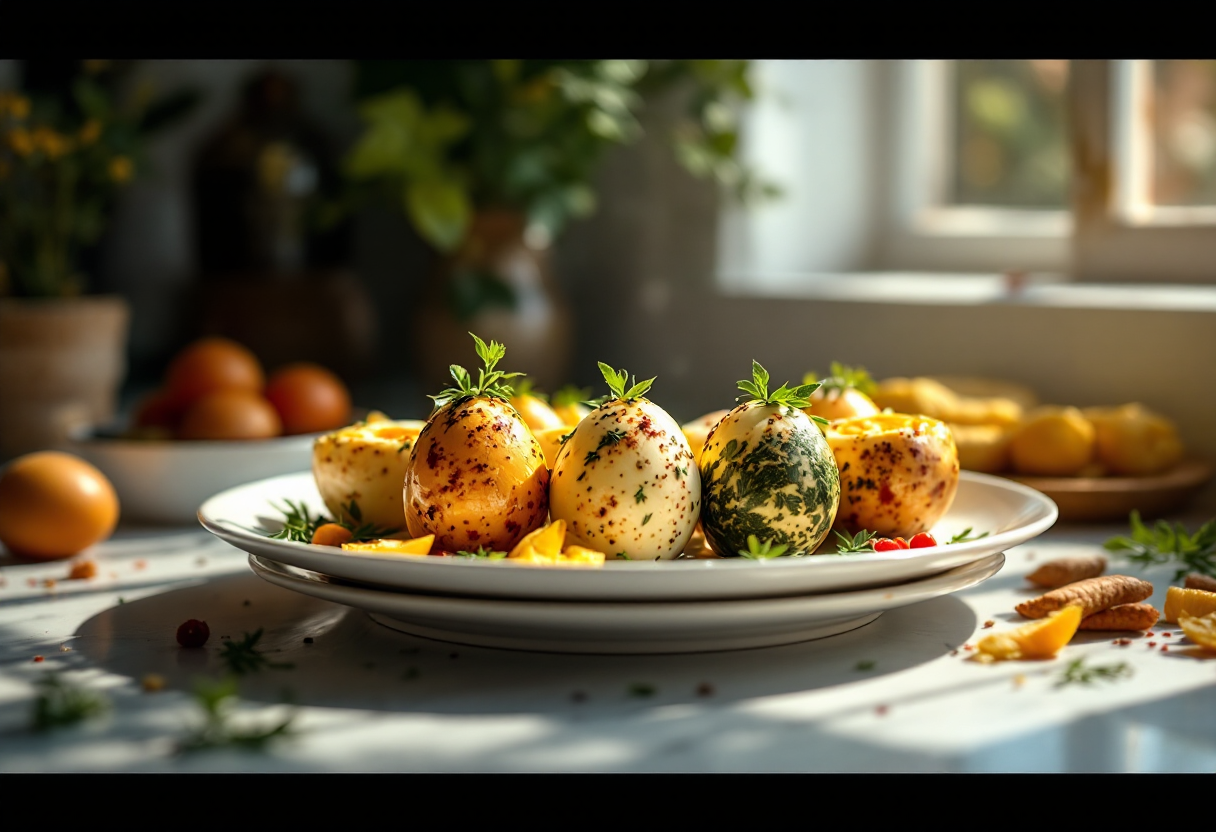 Uova farcite con ingredienti colorati e creativi