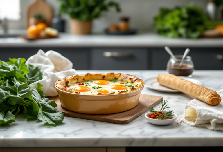 Uova in cocotte servite con bietole e pasta sfoglia croccante