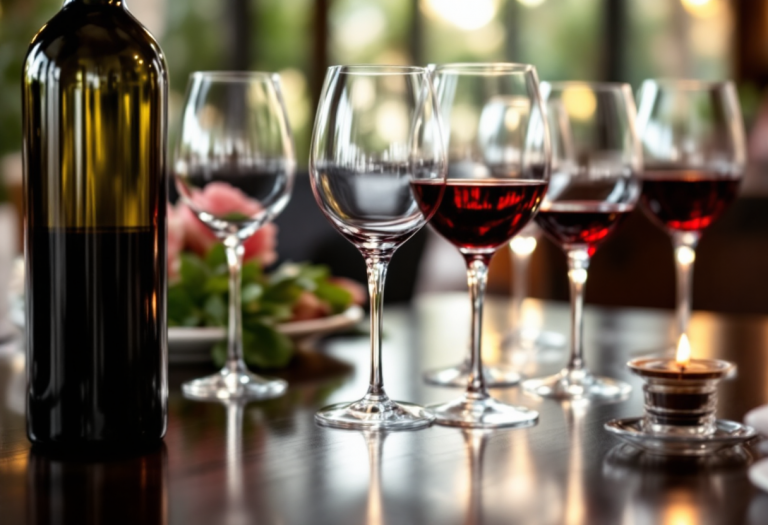 Un bicchiere di vino rosso su un tavolo elegante