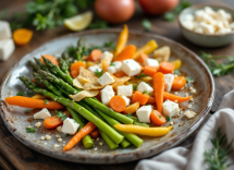 Antipasto primaverile con asparagi, carote e montasio croccante