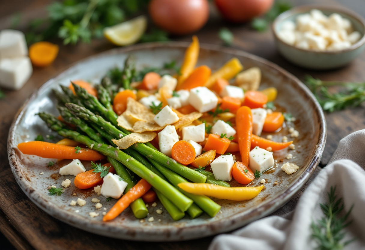 Antipasto primaverile con asparagi, carote e montasio croccante