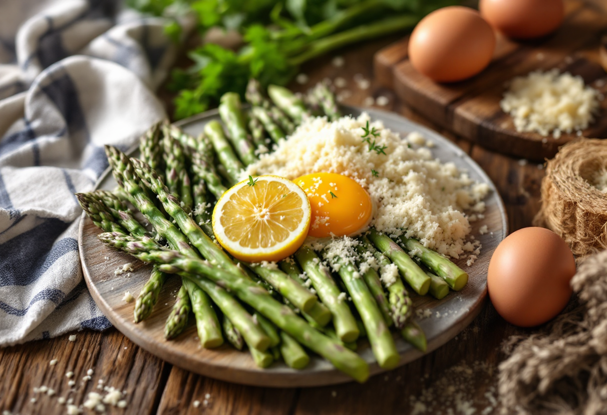 Piatto di asparagi con uova, pecorino e tartufo