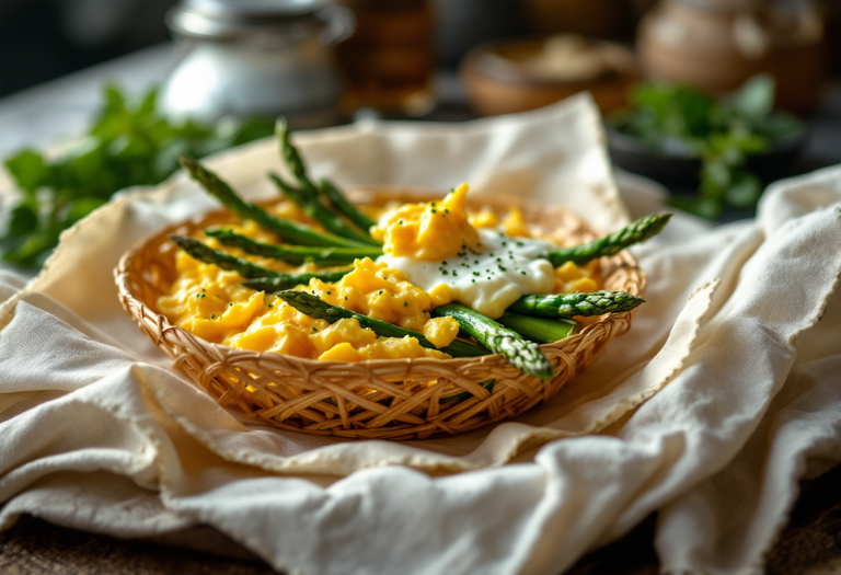 Antipasto elegante di asparagi e uova in cestino brisée