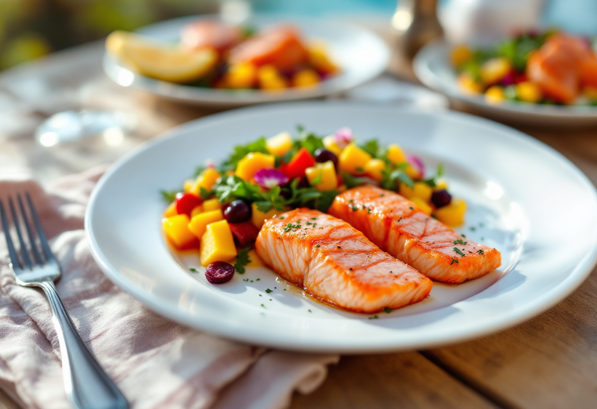Bocconcini di salmone serviti con insalata di mango fresca