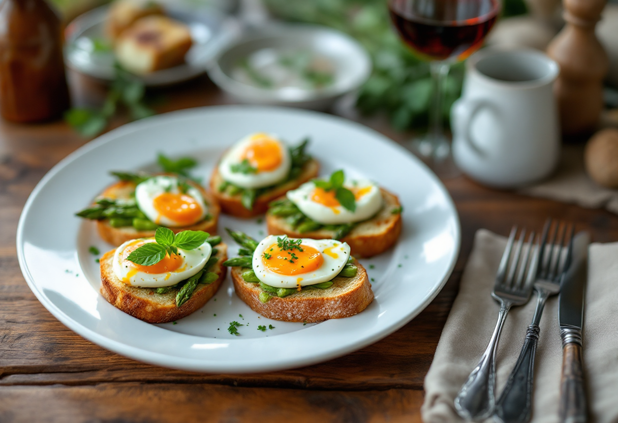 Bruschette gourmet con asparagi freschi e uova morbide