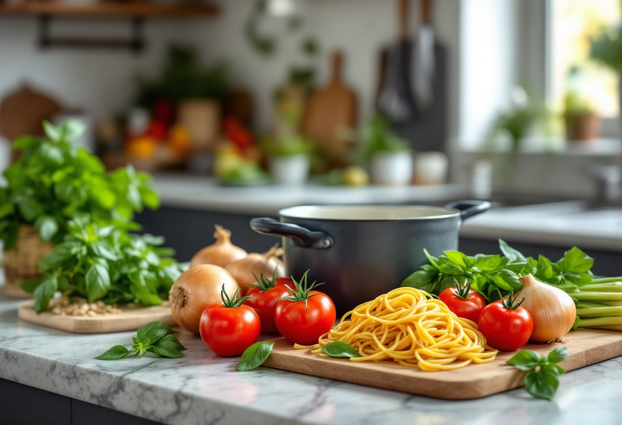 Piatto di bucatini all’amatriciana vegetariana con pomodoro