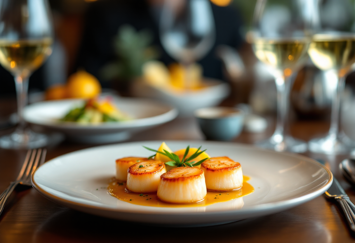 Capesante gourmet con mele cotogne in un piatto elegante