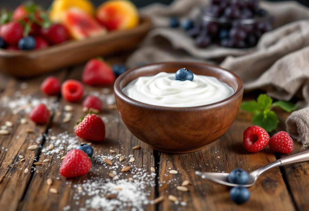 Yogurt servito con frutta fresca e cereali per cena