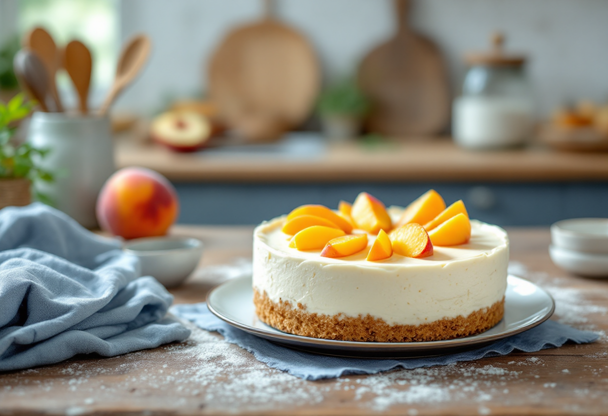 Cheesecake alle pesche decorata con fette di pesca fresca