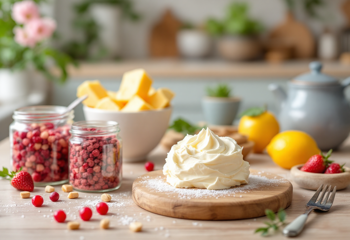 Cheesecake decorata con confettura di rabarbaro e petali di rosa
