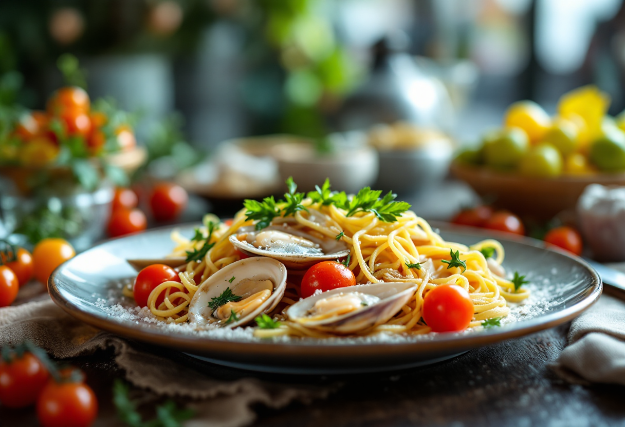 Piatto di conchiglie con agretti e pomodorini freschi
