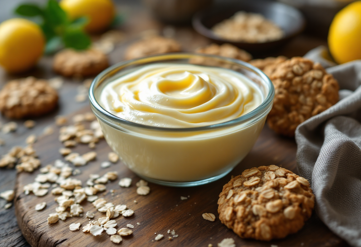 Crema al limone servita con biscotti ai fiocchi d'avena