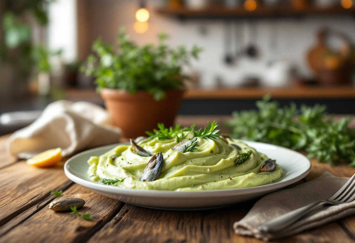 Crema di asparagi e alici servita in un piatto elegante