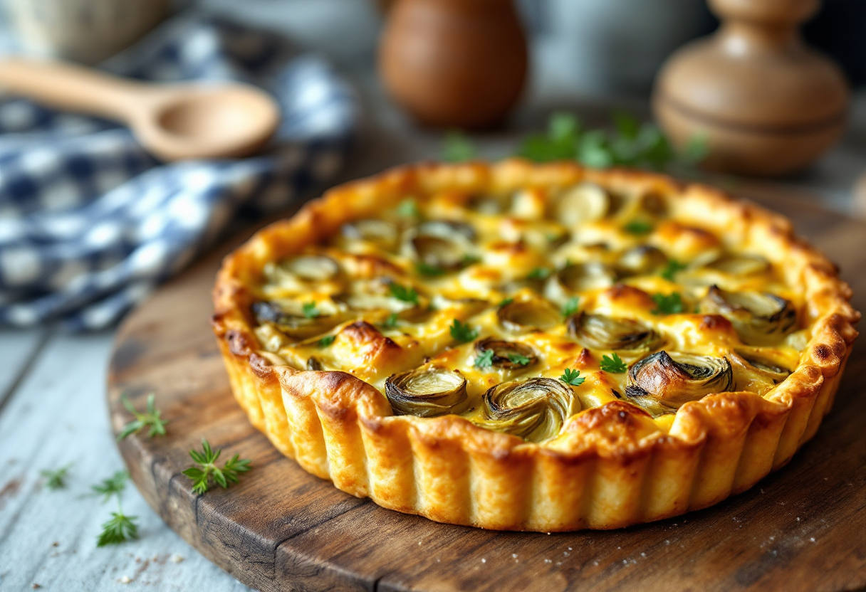 Crostata carciofata servita su un piatto elegante