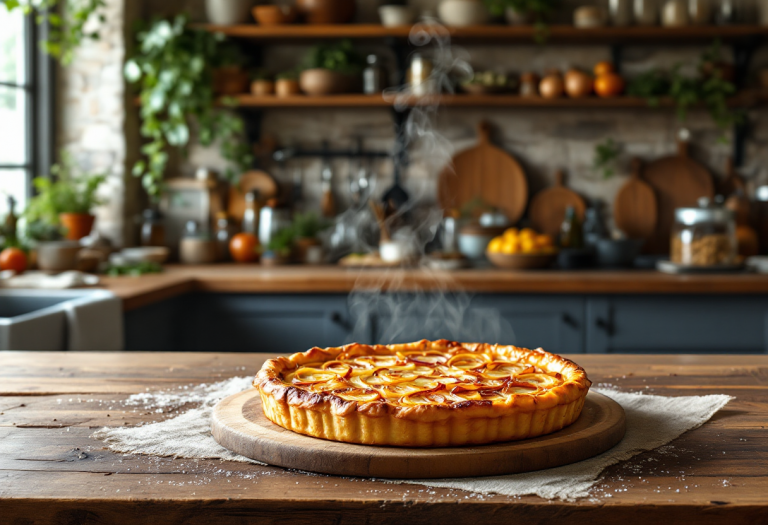Crostata di cipolle appena sfornata su un tavolo