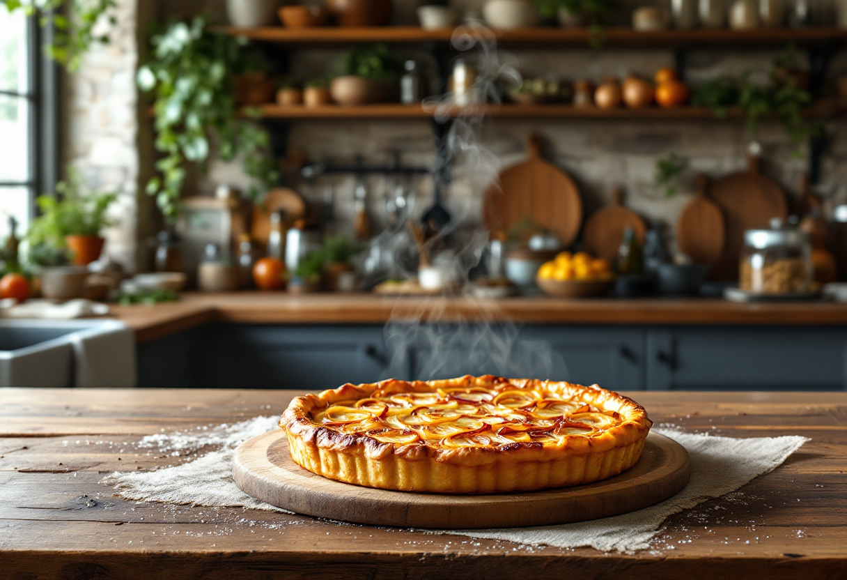Crostata di cipolle appena sfornata su un tavolo